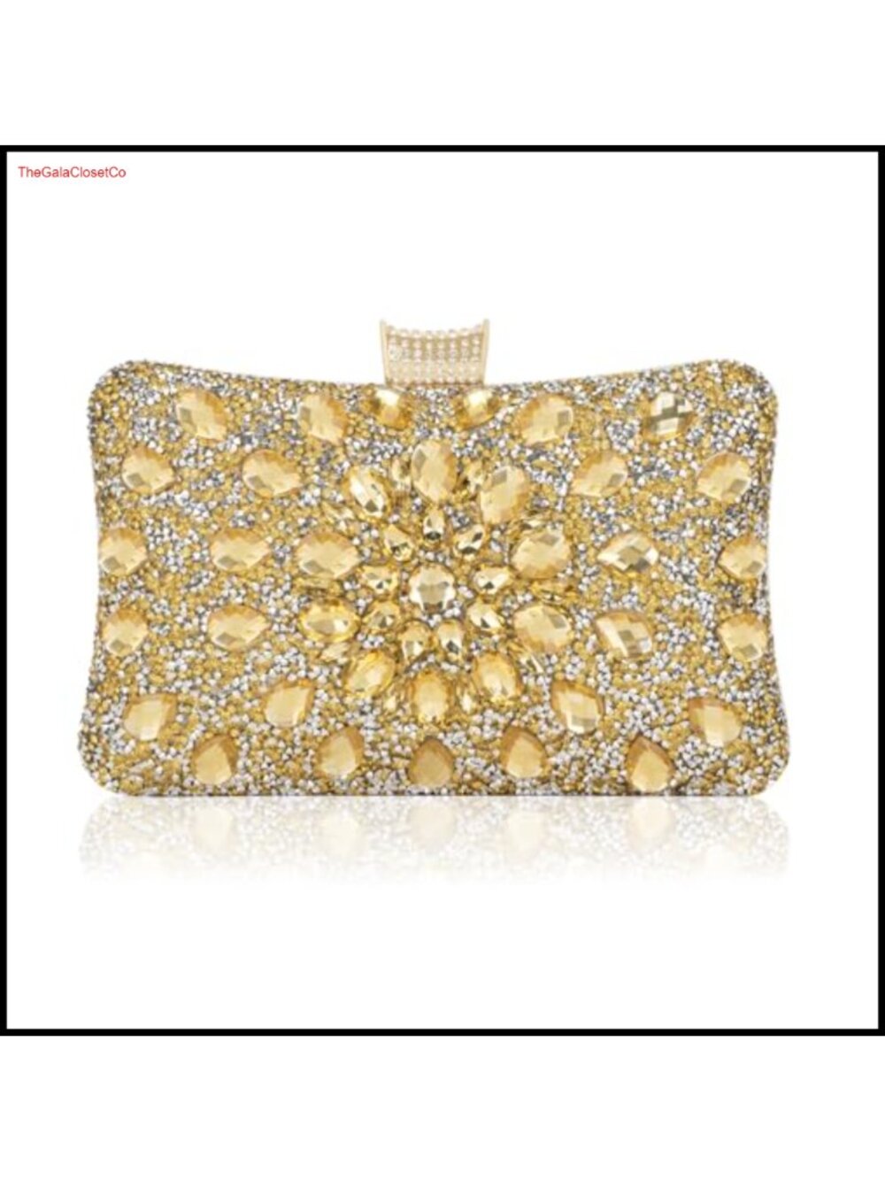 Crystal Gemstone Evening Clutch with Gold Metal Frame & Chain Strap